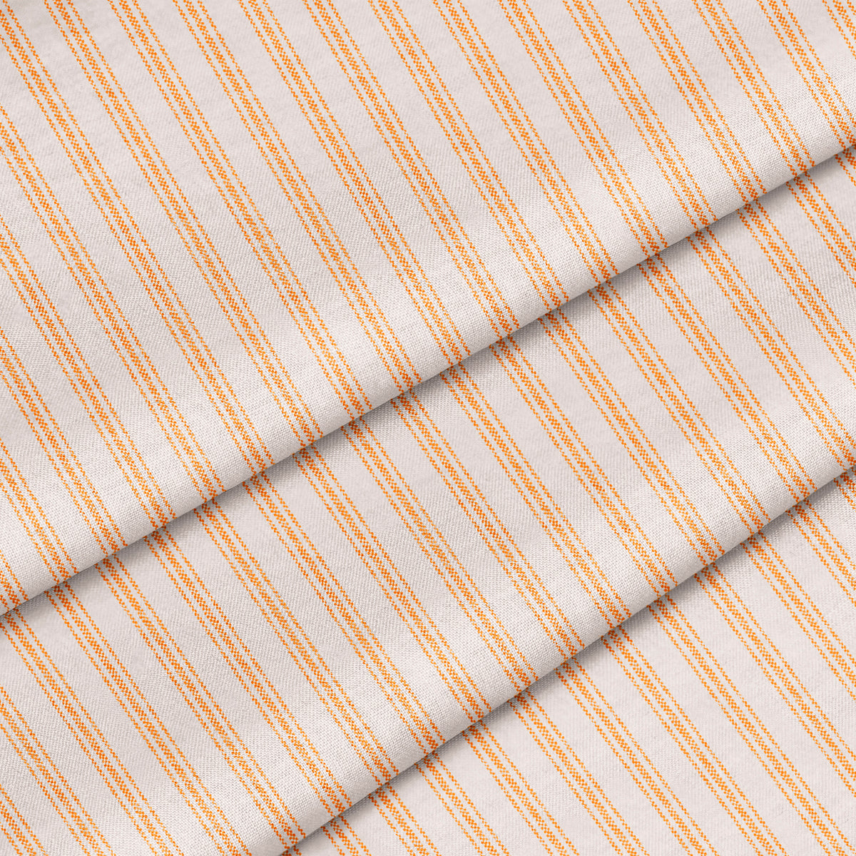 Yardage of striped fabric with saffron and marigold colors, showing the texture and pattern repeat.
