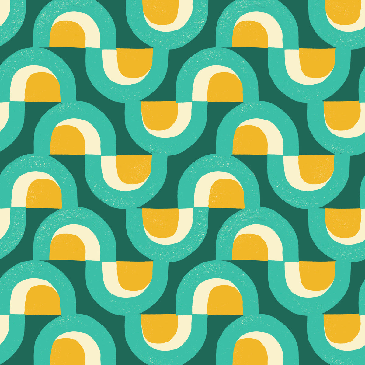 Geometric pattern with curved shapes in teal, yellow, and white on a green background
