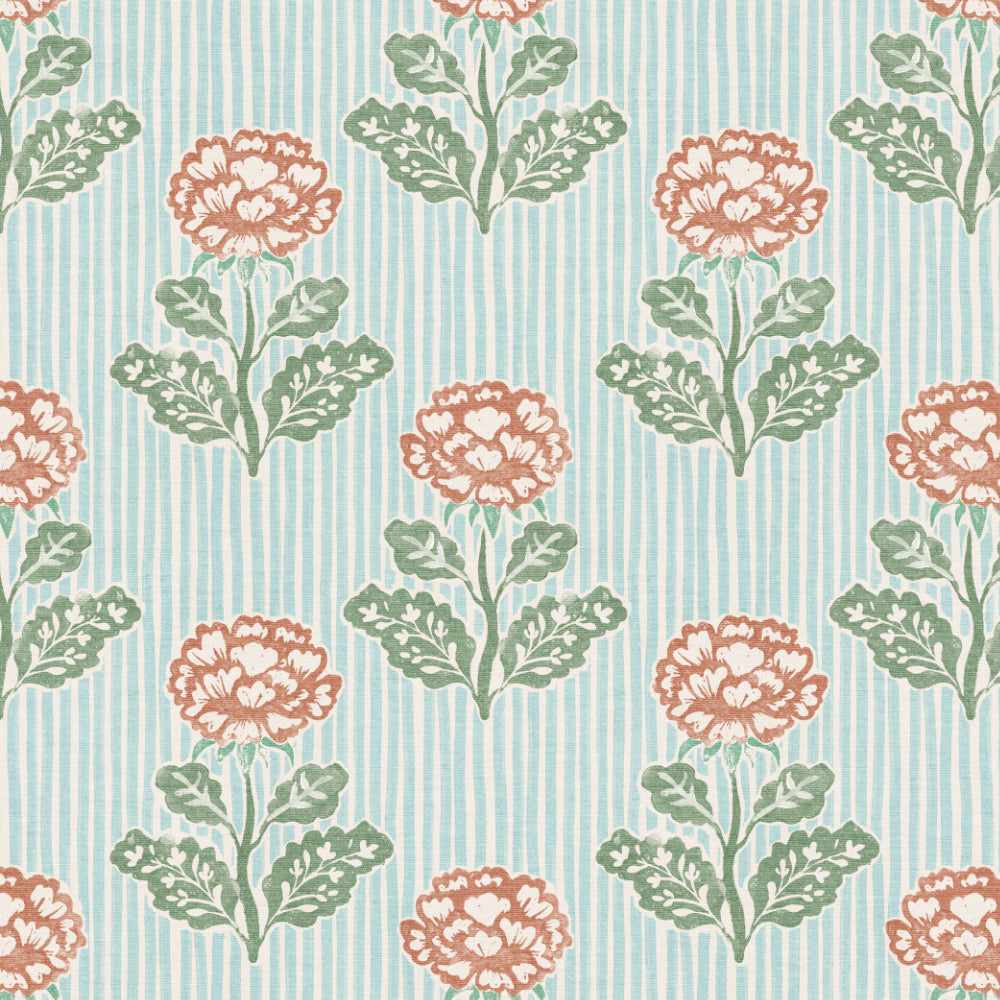 A repeating floral pattern with coral-pink flowers and green leaves on a light blue and white vertically striped background.