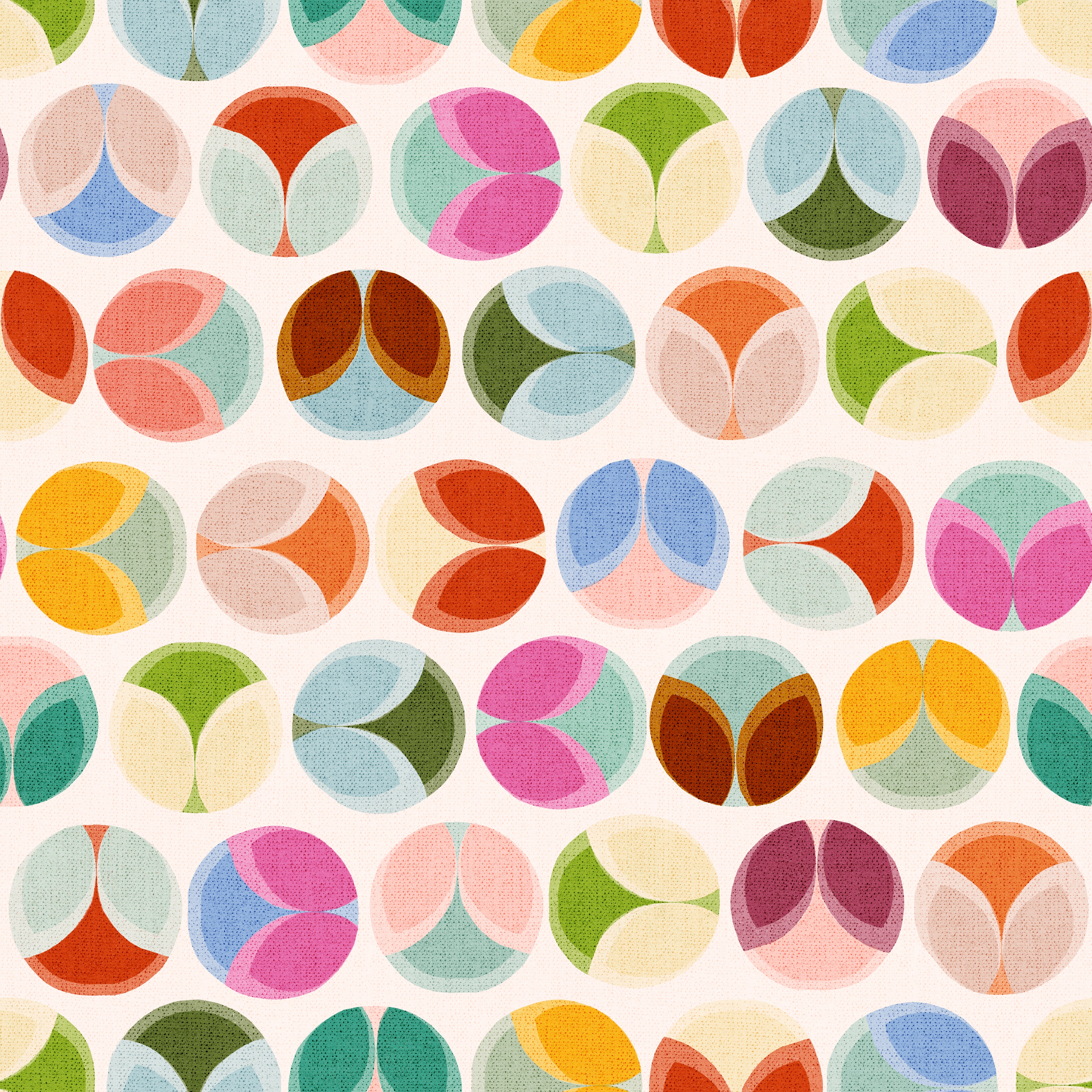a colorful half grid of circles with layered leaf shapes and transparencies.