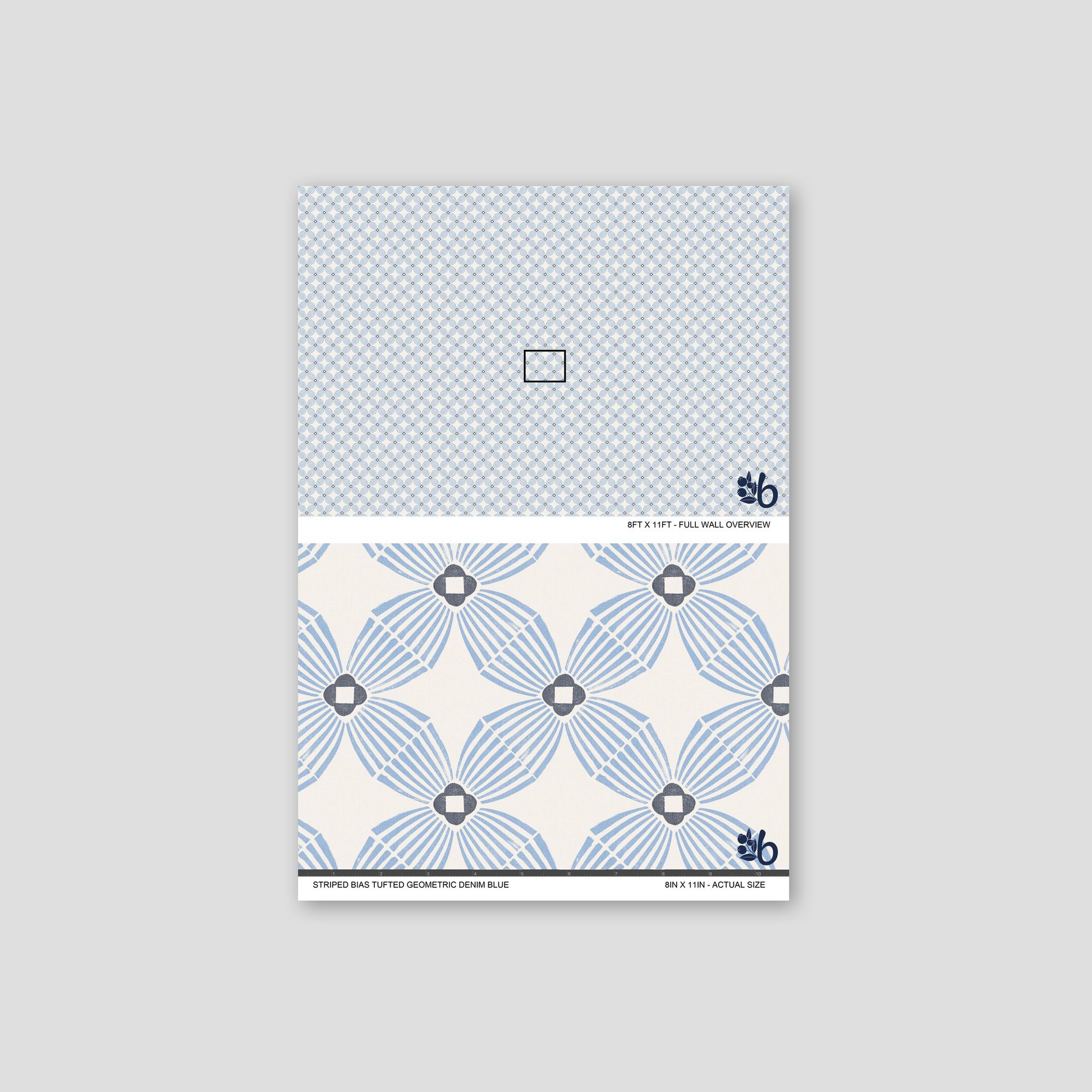 Striped bias tufted geometric denim blue wallpaper sample with modern pattern.