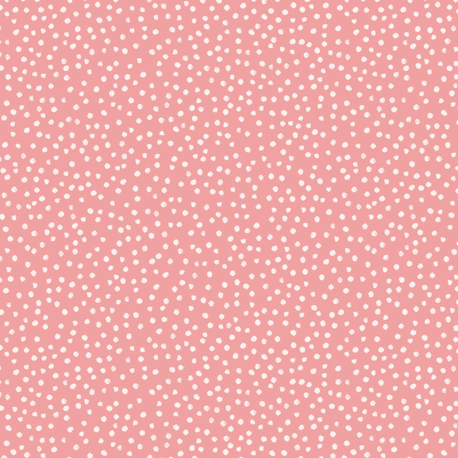 A repeating pattern of small white polka dots on a soft pink background.
