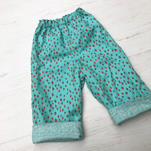 flannel reversible pants in mint strawberry - little girl Pearl