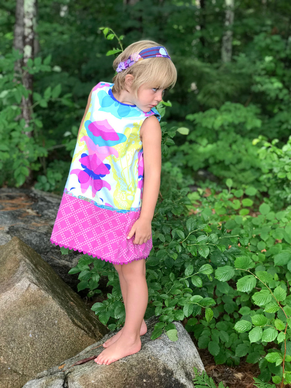 reversible pattern block dress in aqua ghost nouveau - little girl Pearl